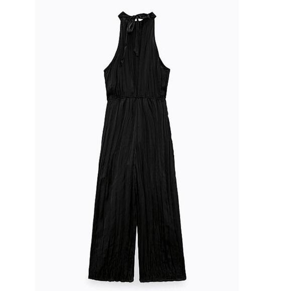 Zara Black Silk Satin Halter High Neck Ruffle Sleeveless Straight Jumpsuit Sz S - Picture 10 of 11